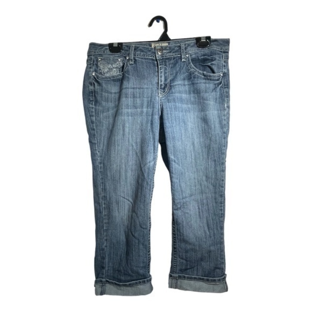 Earl Jean Womens Capri Jeans Embroidered Roll Hem Mid Rise Size 10